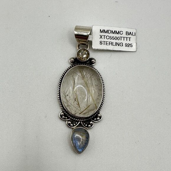 NWT Rutilated Quartz and Moonstone in solid sterling Bali silver pendant! - Picture 4 of 15